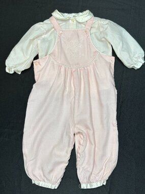Vintage Baby Dior 2 Piece Long Sleeve Shirt and Romper, Size 9 months Pink Cream